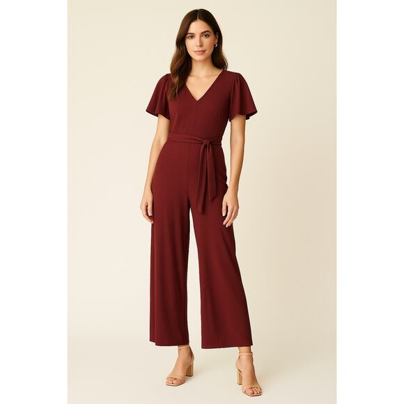 Worthington Belted V-Neck Jumpsuit 8 Wine Maroon Garnet Burgundy Event Holiday - Picture 1 of 6